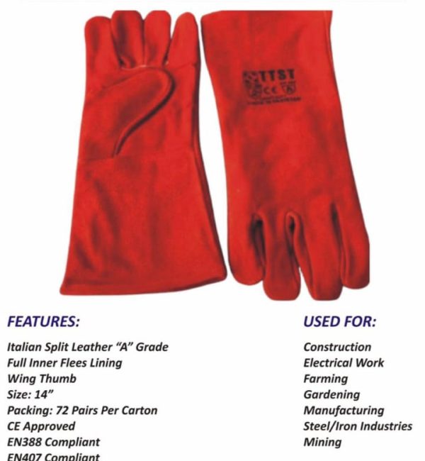 14" Heavy Duty leather welding gloves with inner lining